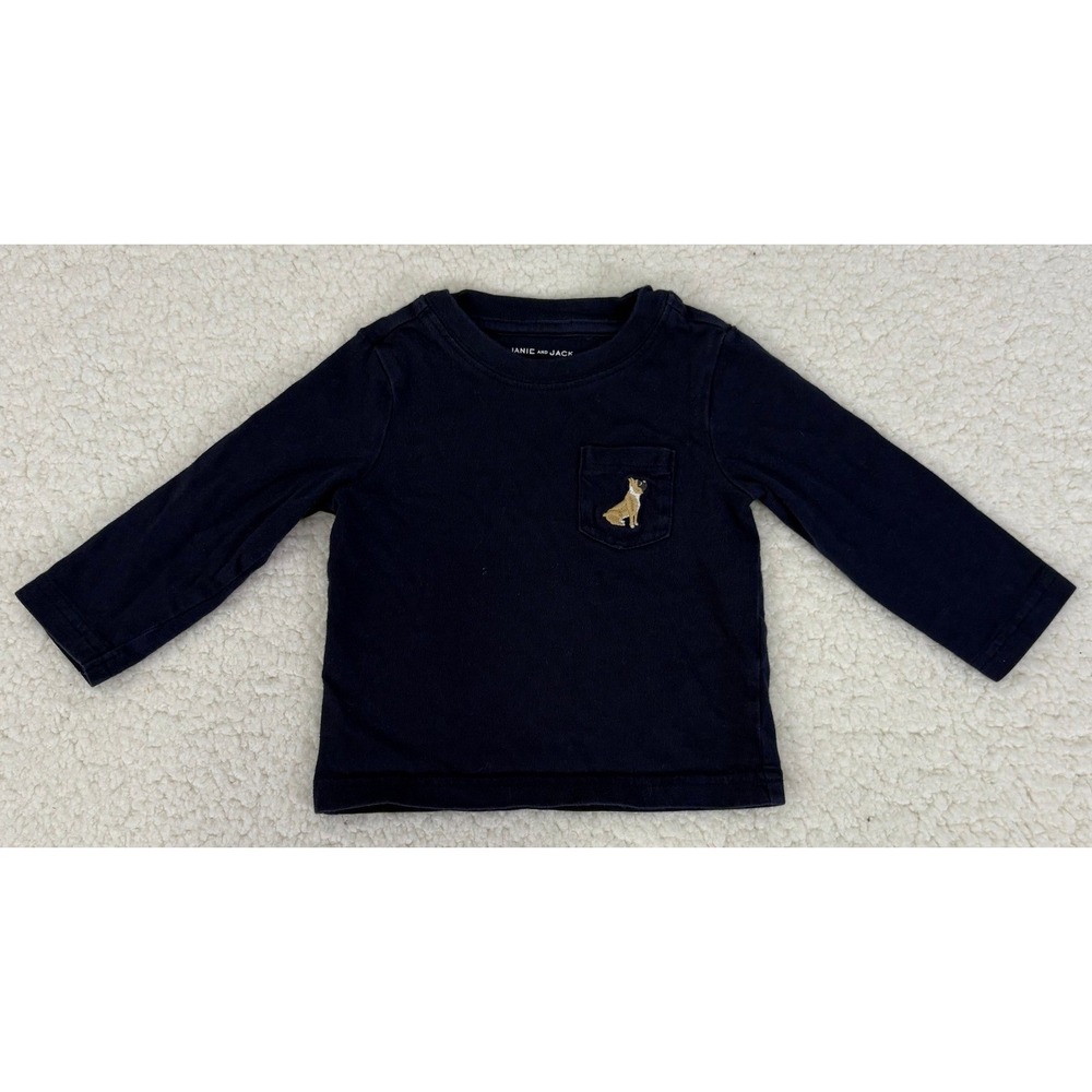 Janie and Jack Navy Blue Bulldog Embroidered Pocket Long Sleeve Tee 6-12 Months